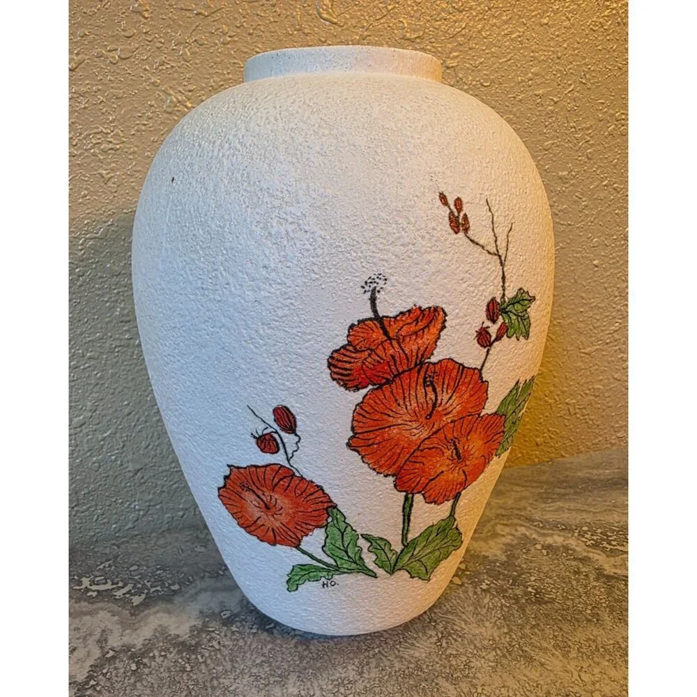 Signed Handcrafted White Textured‎ Vase Red Poppy Floral 10